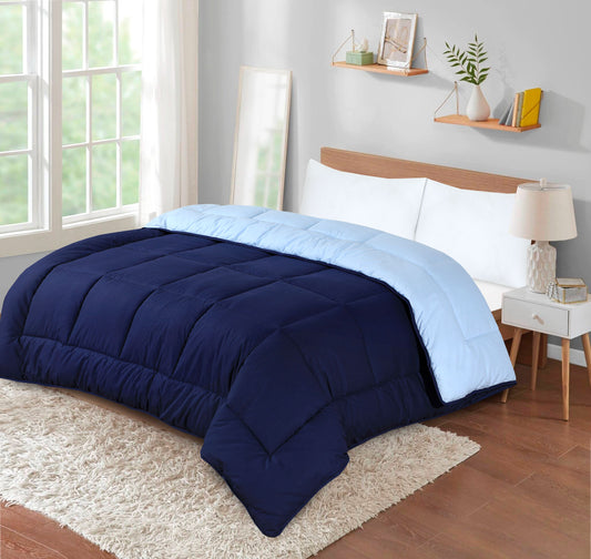 Snug Threads 2-in-1 Reversible Coverless Poly Cotton Hotel Quality Duvet - Navy & Sky Blue