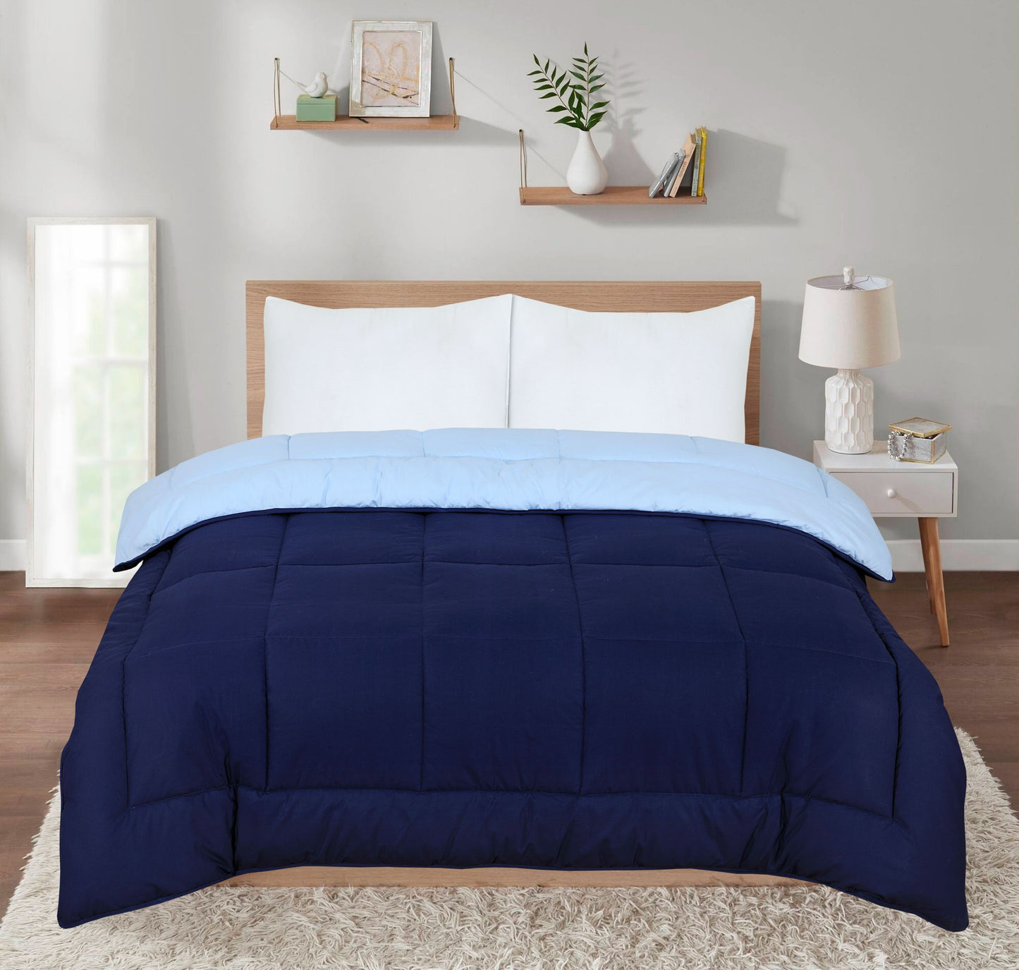 Snug Threads 2-in-1 Reversible Coverless Poly Cotton Hotel Quality Duvet - Navy & Sky Blue