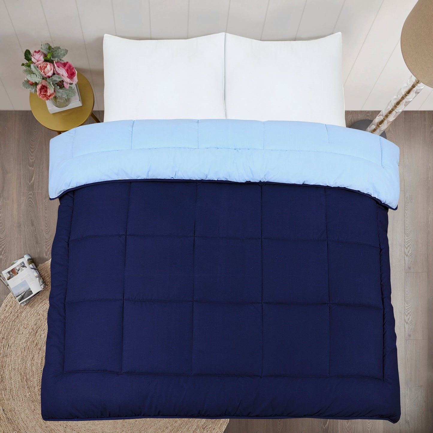 Snug Threads 2-in-1 Reversible Coverless Poly Cotton Hotel Quality Duvet - Navy & Sky Blue