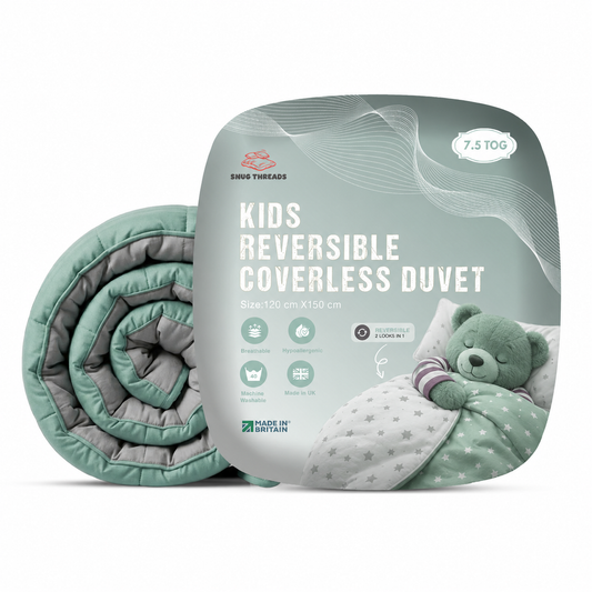 Kids Coverless Printed 7.5 tog Washable Quilt with Pillow Set 120 x 150 cm - Duck Egg & Grey