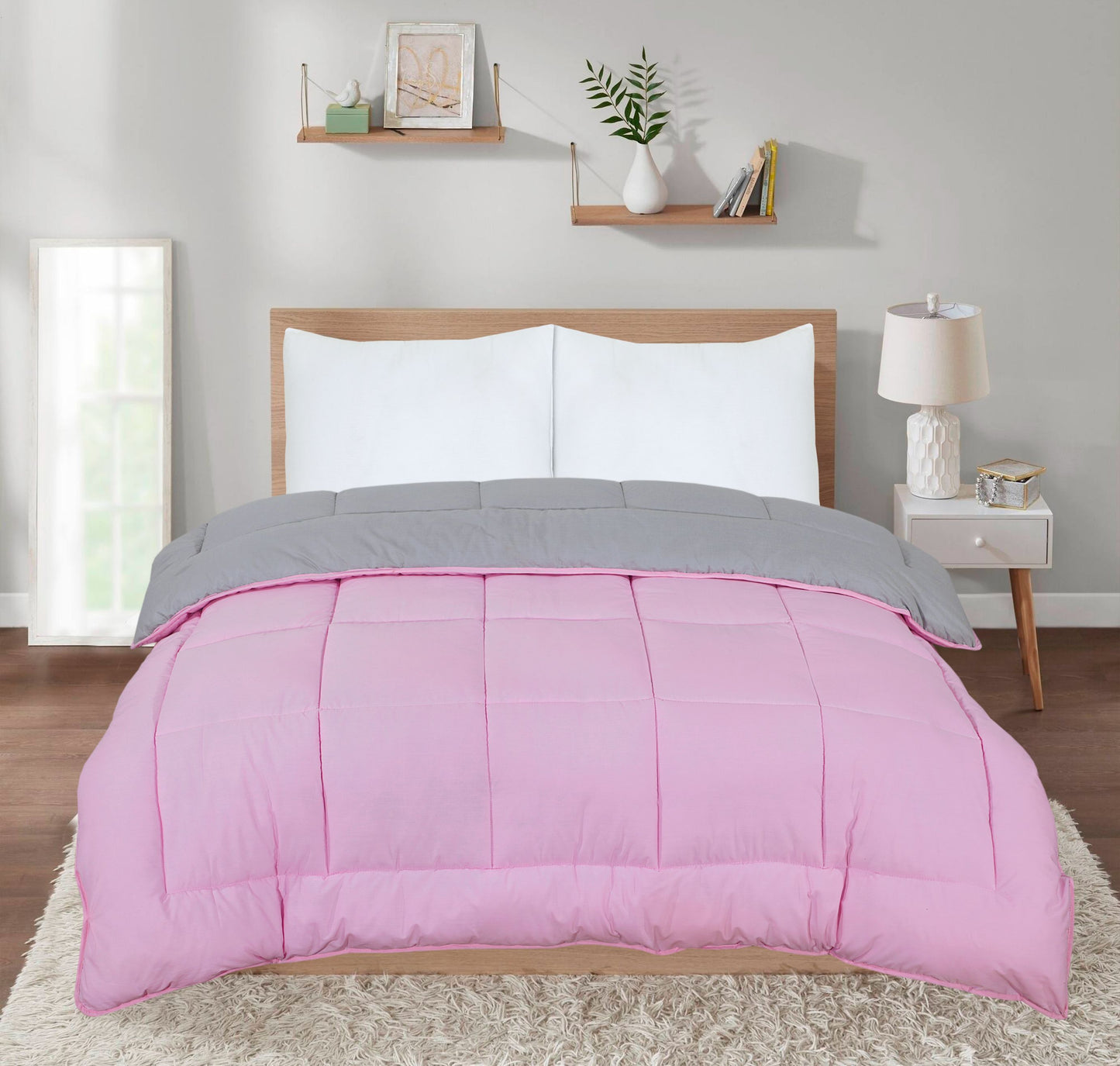 Snug Threads 2-in-1 Reversible Coverless Poly Cotton Hotel Quality Duvet - Pink & Grey