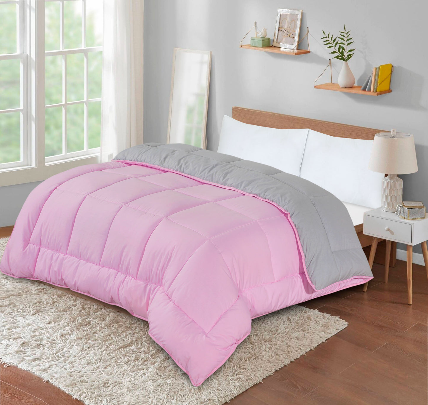 Snug Threads 2-in-1 Reversible Coverless Poly Cotton Hotel Quality Duvet - Pink & Grey