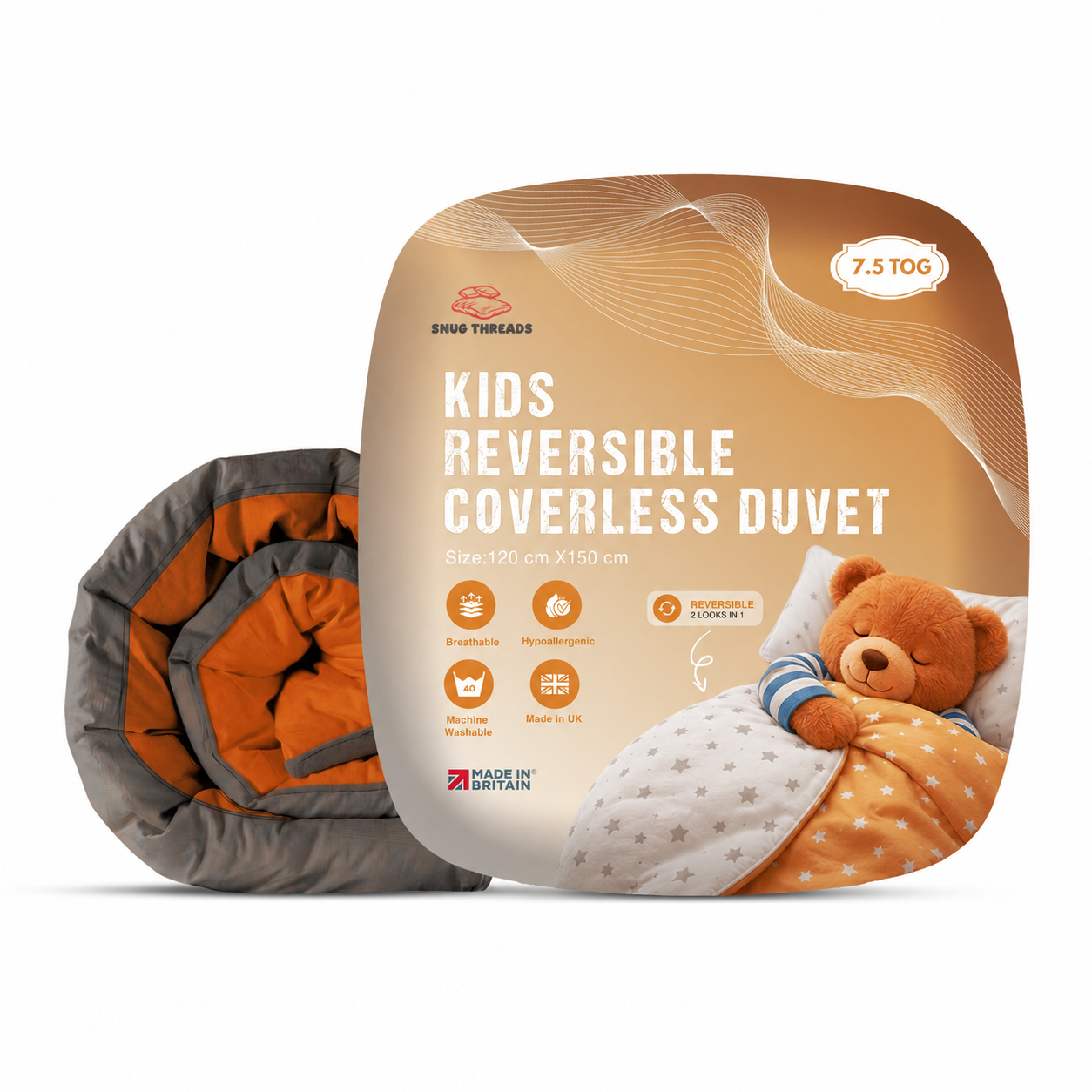 Kids Coverless Printed 7.5 tog Washable Quilt with Pillow Set 120 x 150 cm - Orange & Grey