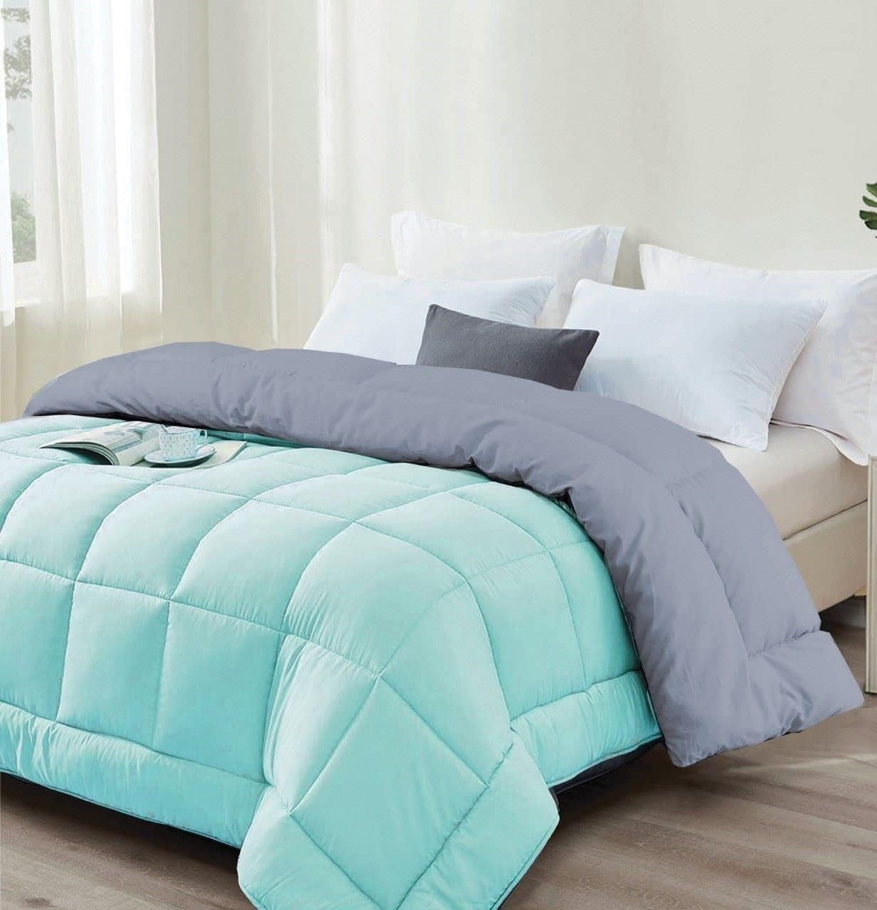 Snug Threads 2-in-1 Reversible Coverless Poly Cotton Hotel Quality Duvet - Teal & Grey