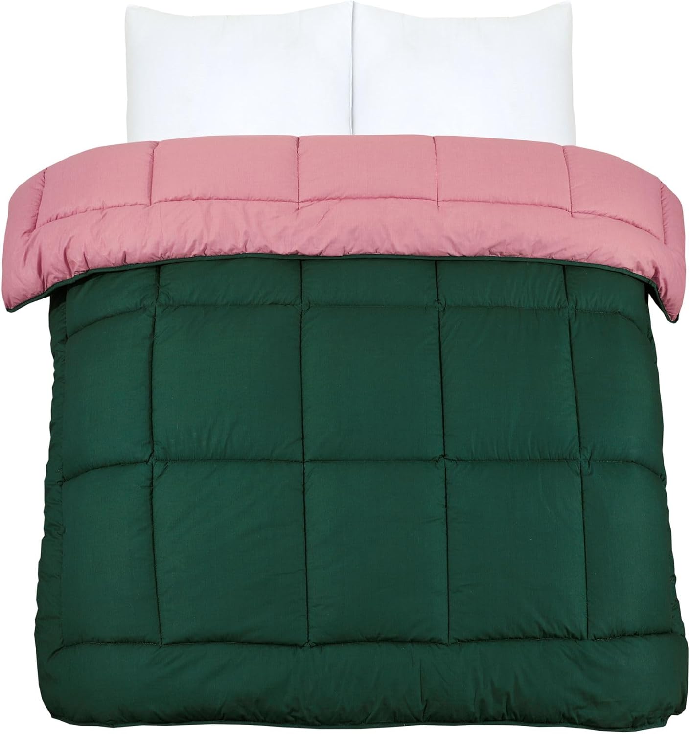 Snug Threads 2-in-1 Reversible Coverless Poly Cotton Hotel Quality Duvet - Bottle Green & Dusty Pink