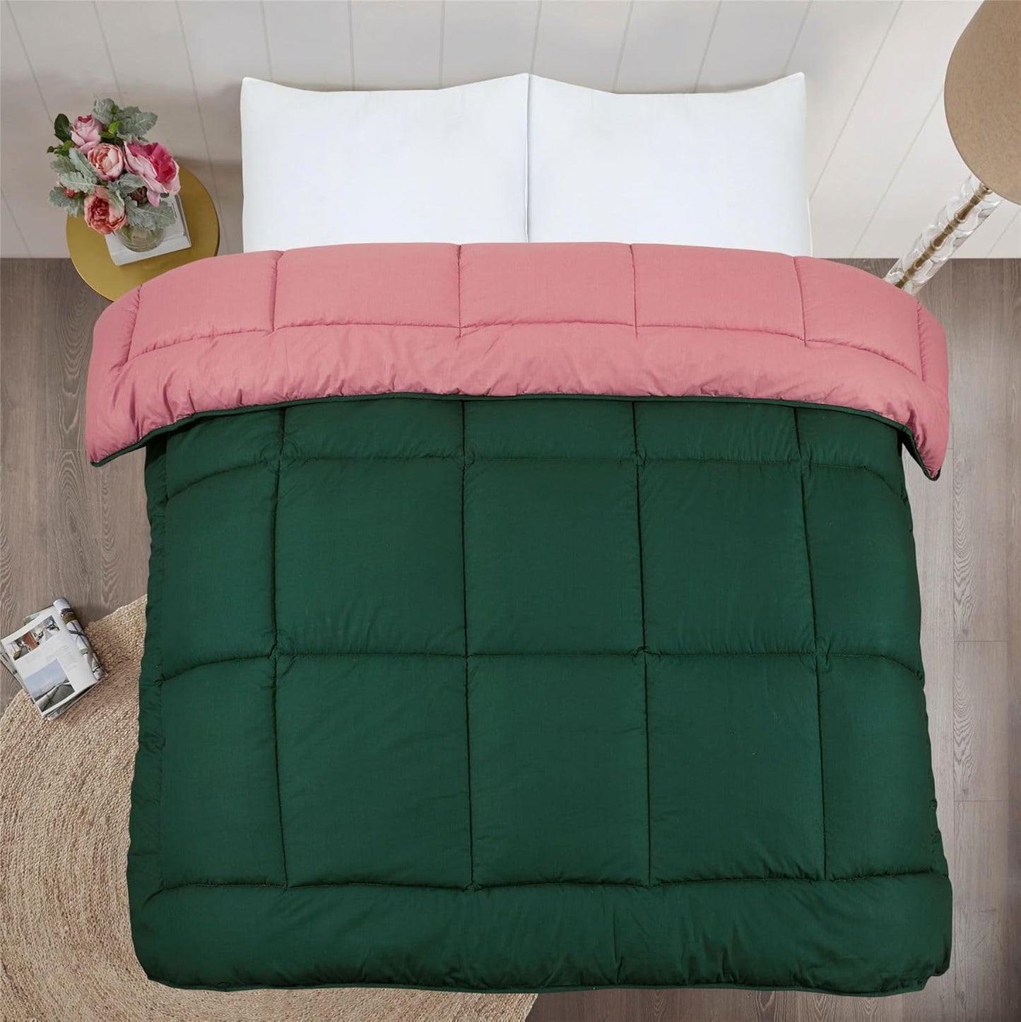 Snug Threads 2-in-1 Reversible Coverless Poly Cotton Hotel Quality Duvet - Bottle Green & Dusty Pink