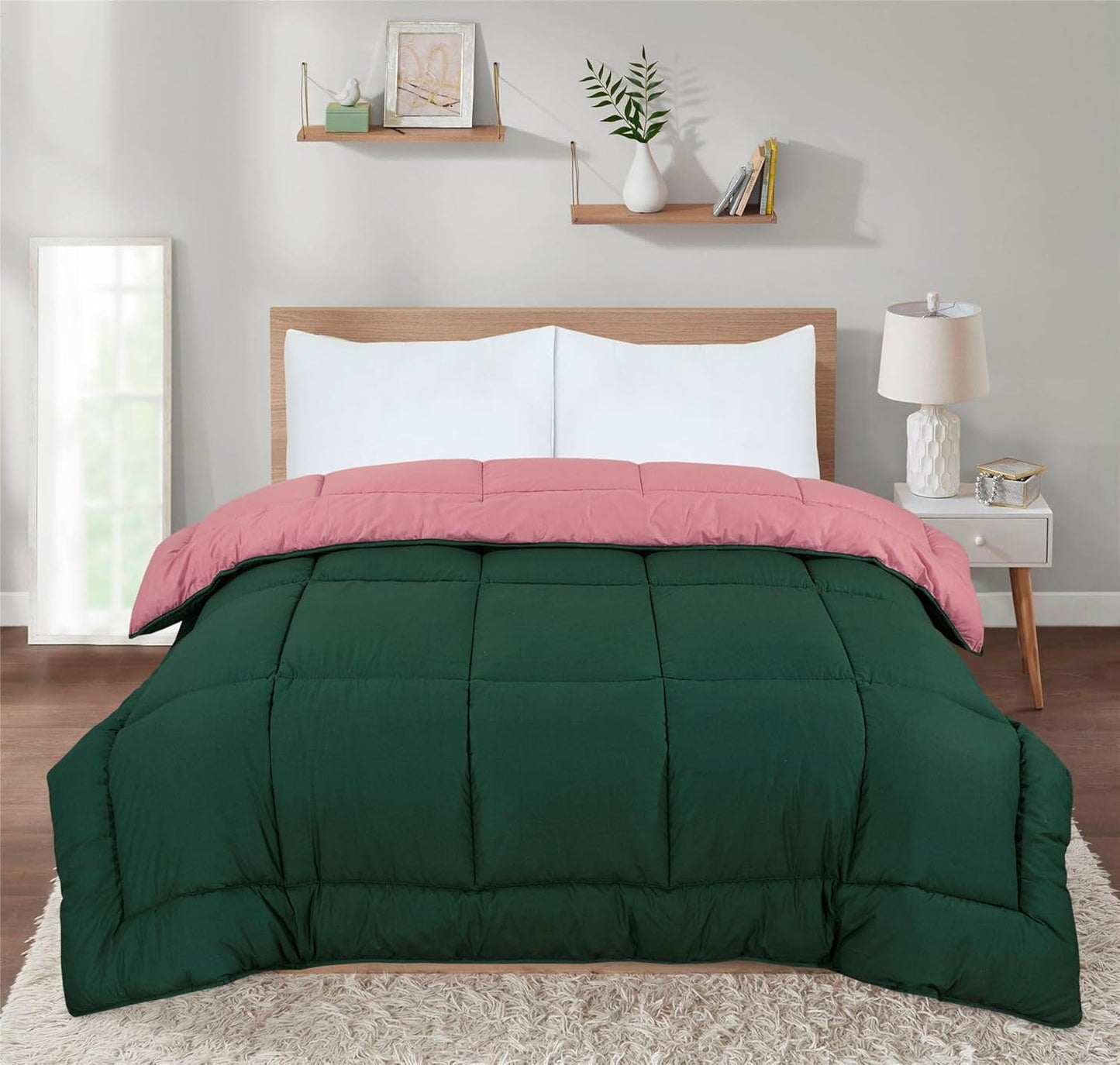 Snug Threads 2-in-1 Reversible Coverless Poly Cotton Hotel Quality Duvet - Bottle Green & Dusty Pink