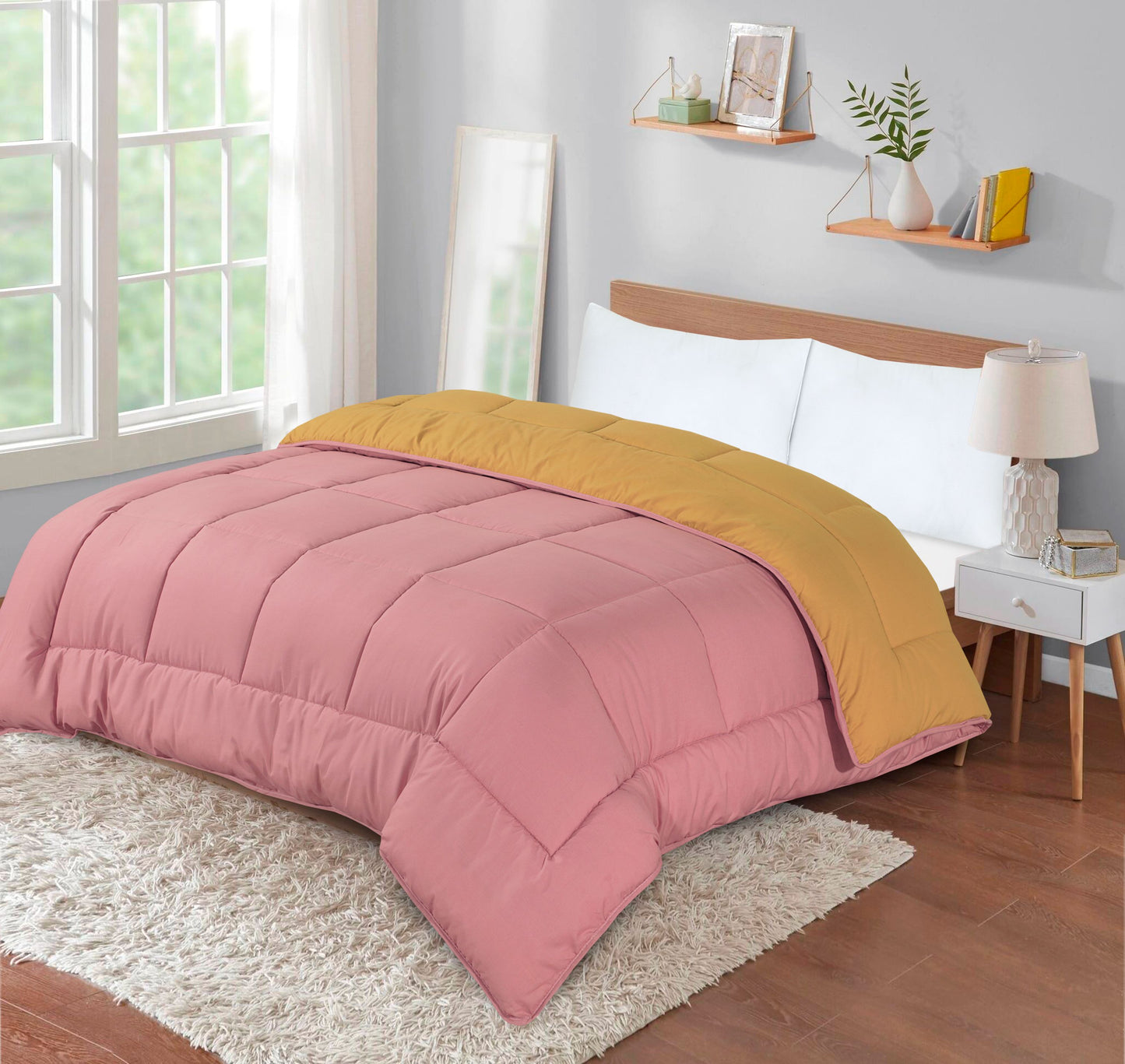 Snug Threads 2-in-1 Reversible Coverless Poly Cotton Hotel Quality Duvet - Mustard & Pink