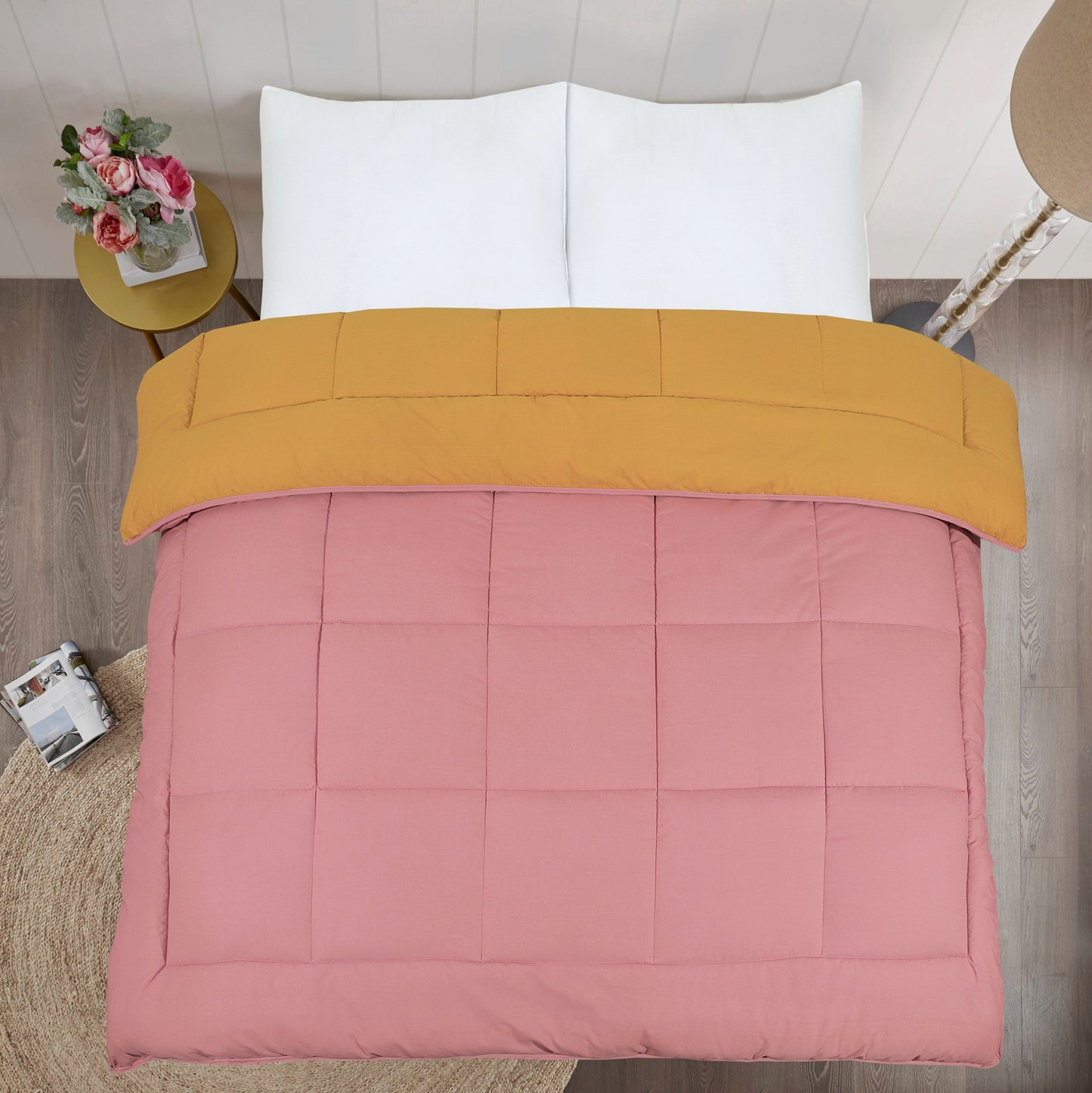Snug Threads 2-in-1 Reversible Coverless Poly Cotton Hotel Quality Duvet - Mustard & Pink
