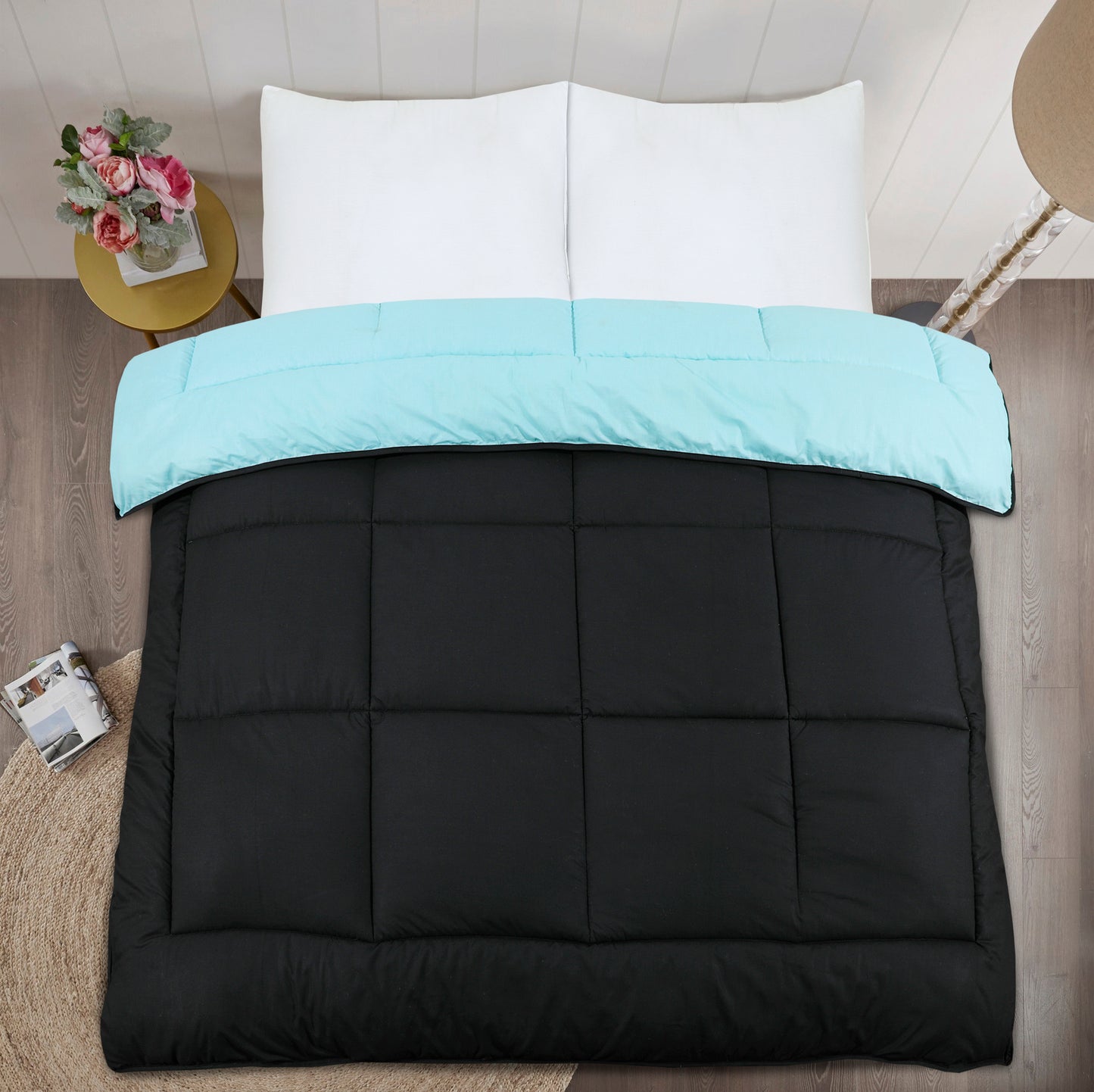 Snug Threads 2-in-1 Reversible Coverless Poly Cotton Hotel Quality Duvet - Teal & Black