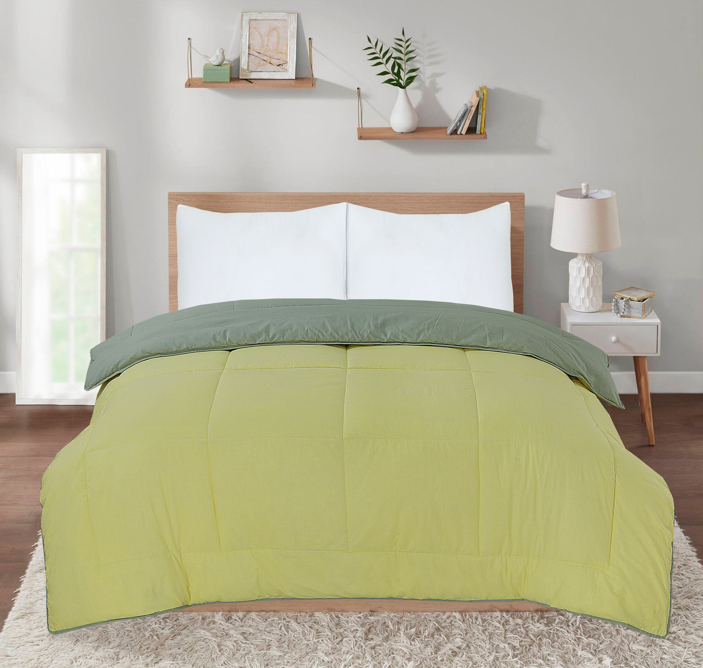 Snug Threads 2-in-1 Reversible Coverless Poly Cotton Hotel Quality Duvet - Lemon & Smoke Green