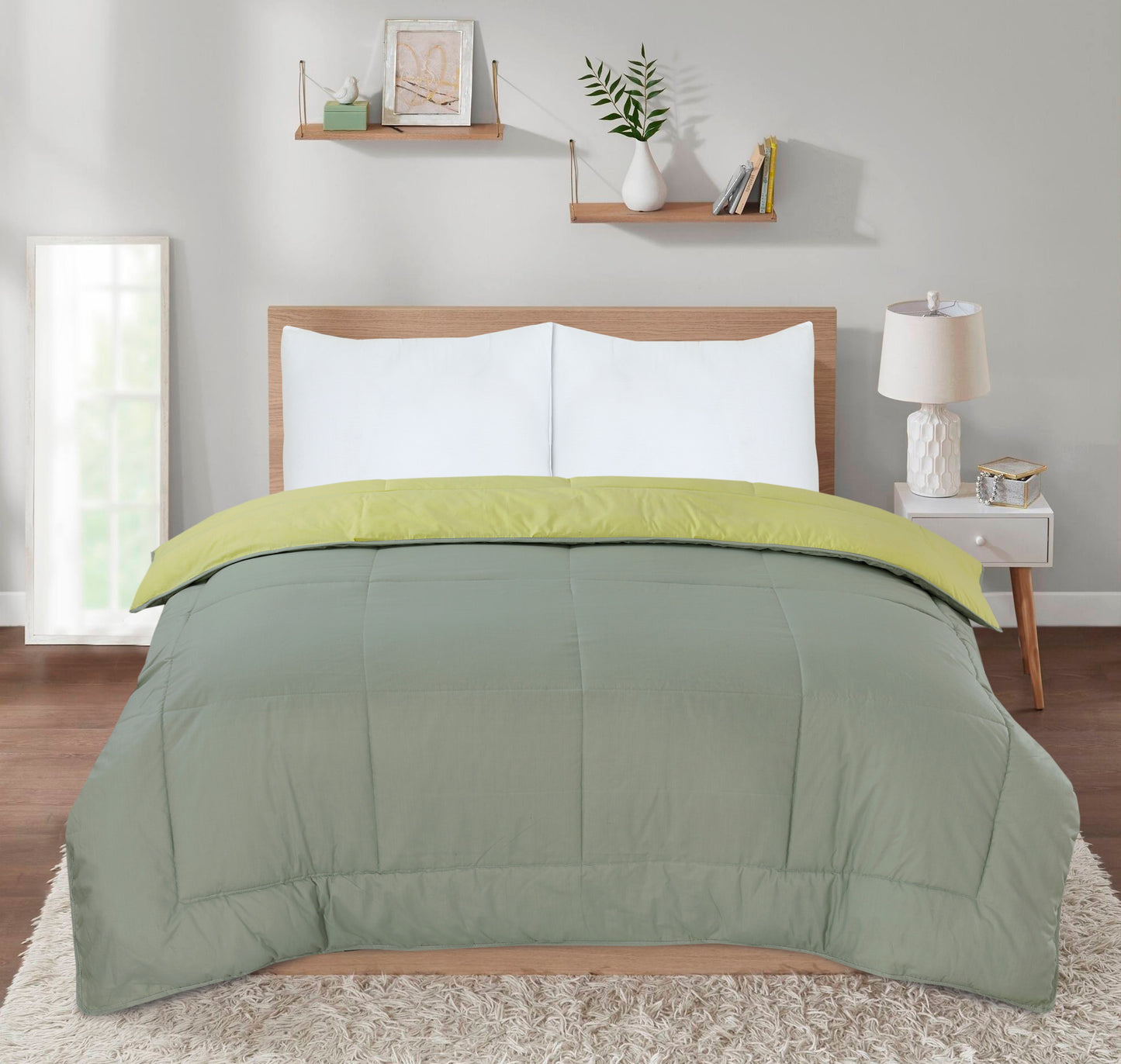 Snug Threads 2-in-1 Reversible Coverless Poly Cotton Hotel Quality Duvet - Lemon & Smoke Green
