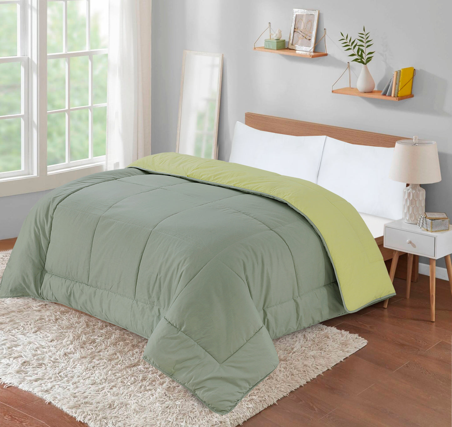Snug Threads 2-in-1 Reversible Coverless Poly Cotton Hotel Quality Duvet - Lemon & Smoke Green