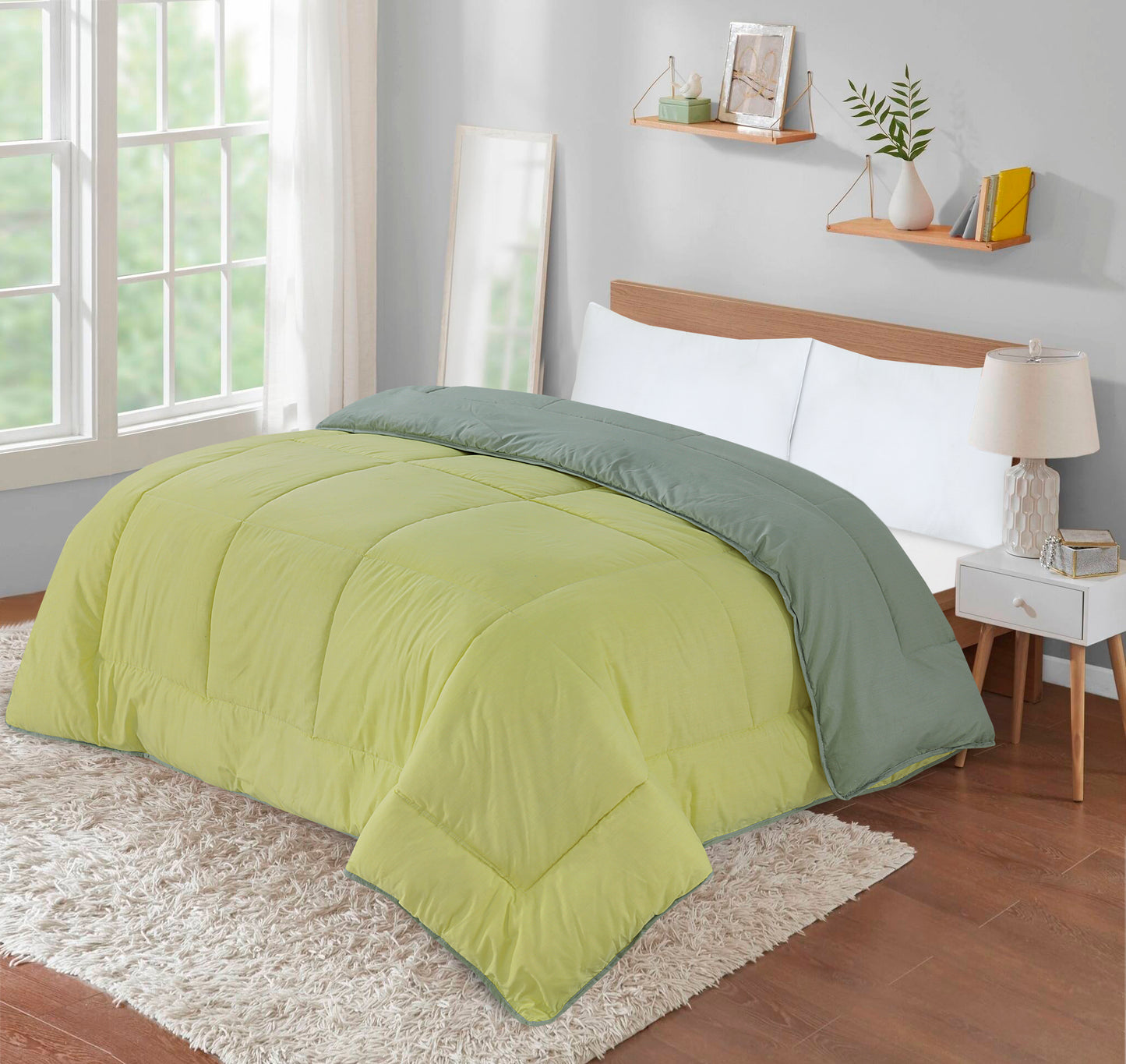 Snug Threads 2-in-1 Reversible Coverless Poly Cotton Hotel Quality Duvet - Lemon & Smoke Green
