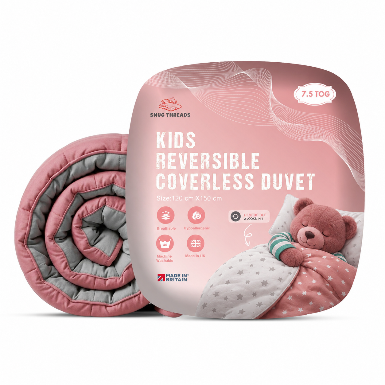 Kids Coverless Printed 7.5 tog Washable Quilt with Pillow Set 120 x 150 cm - Pink & Grey