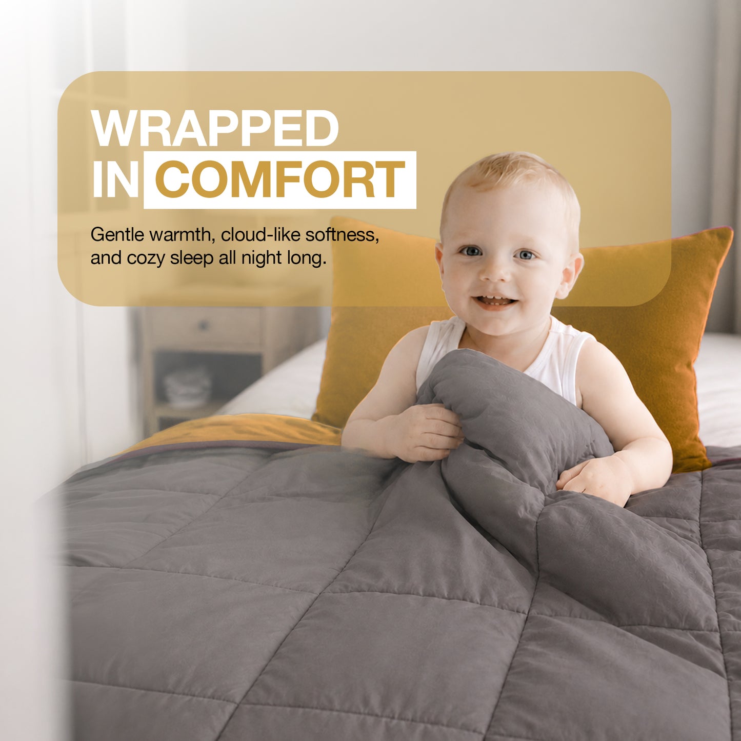 Kids Coverless Printed 7.5 tog Washable Quilt with Pillow Set 120 x 150 cm - Mustard & Grey