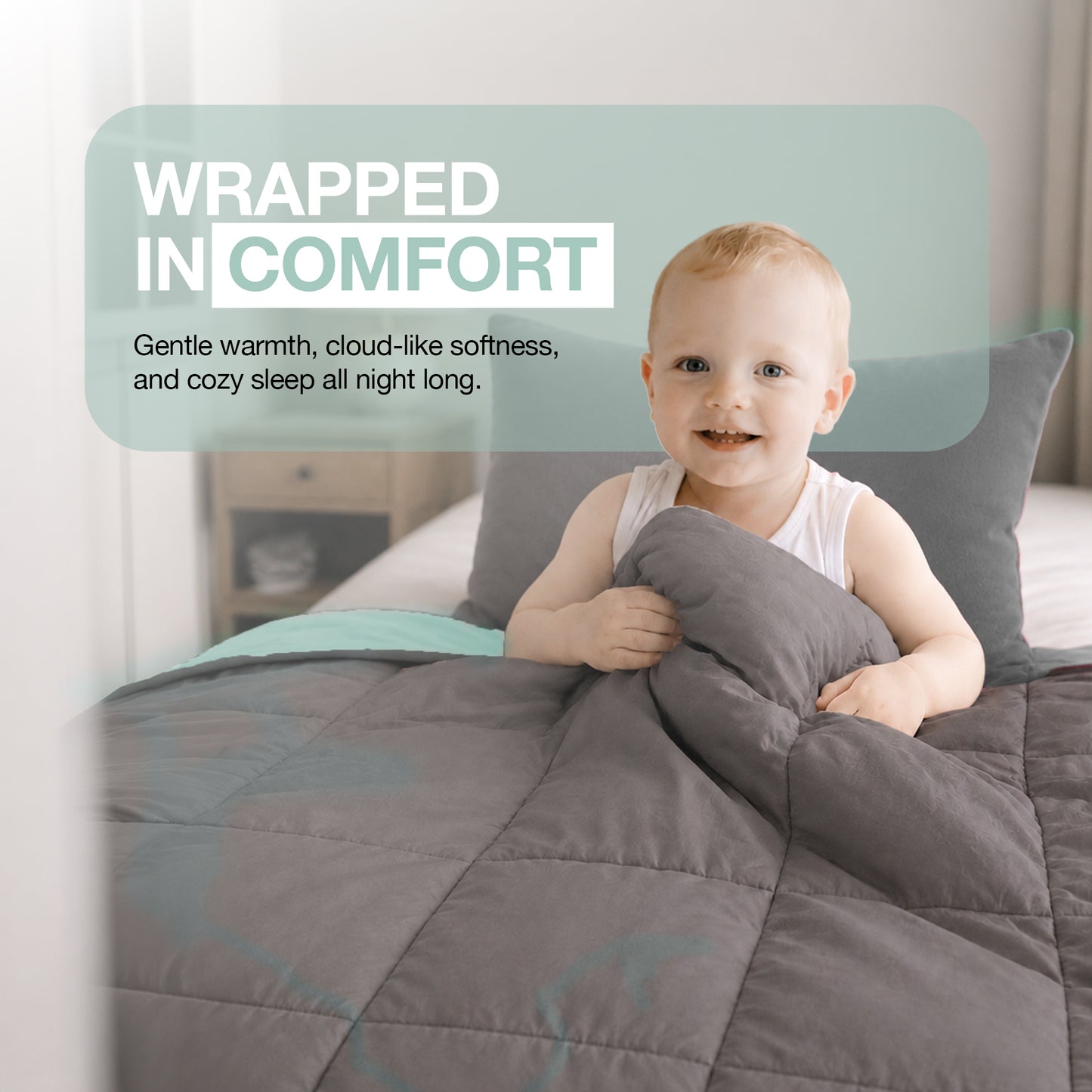 Kids Coverless Printed 7.5 tog Washable Quilt with Pillow Set 120 x 150 cm - Duck Egg & Grey