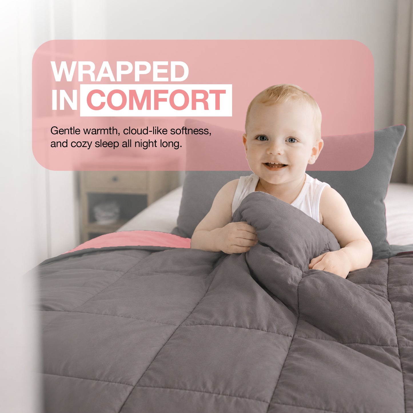 Kids Coverless Printed 7.5 tog Washable Quilt with Pillow Set 120 x 150 cm - Pink & Grey