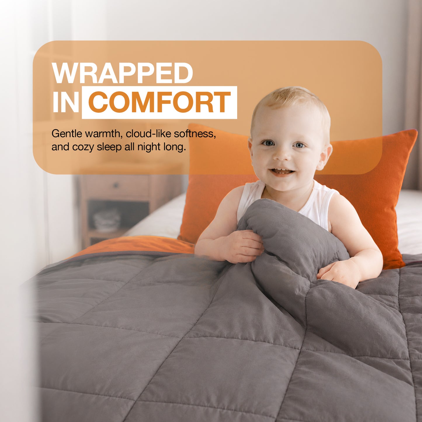 Kids Coverless Printed 7.5 tog Washable Quilt with Pillow Set 120 x 150 cm - Orange & Grey
