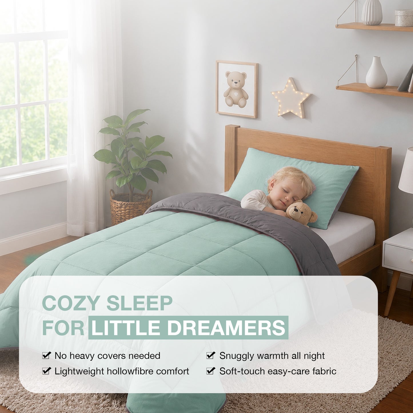 Kids Coverless Printed 7.5 tog Washable Quilt with Pillow Set 120 x 150 cm - Duck Egg & Grey