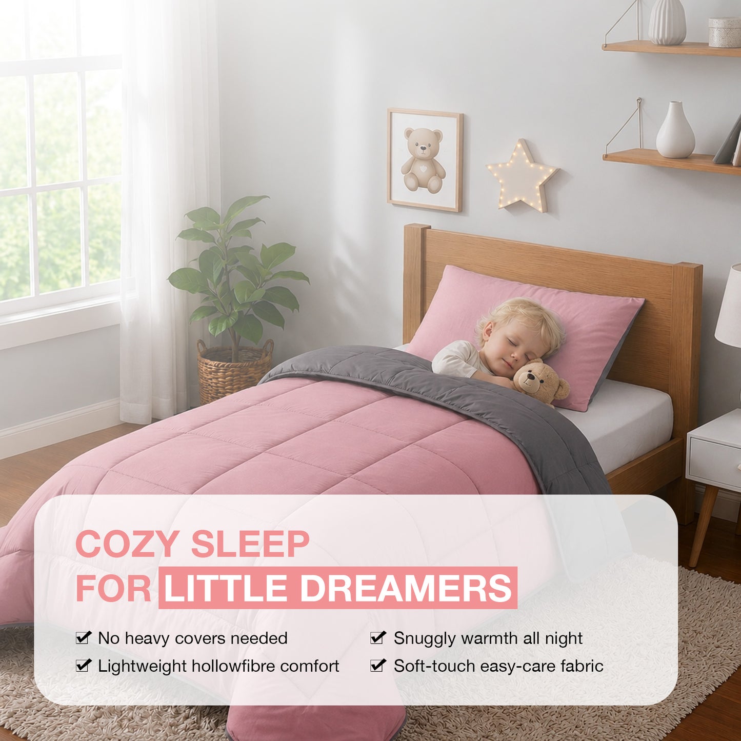 Kids Coverless Printed 7.5 tog Washable Quilt with Pillow Set 120 x 150 cm - Pink & Grey