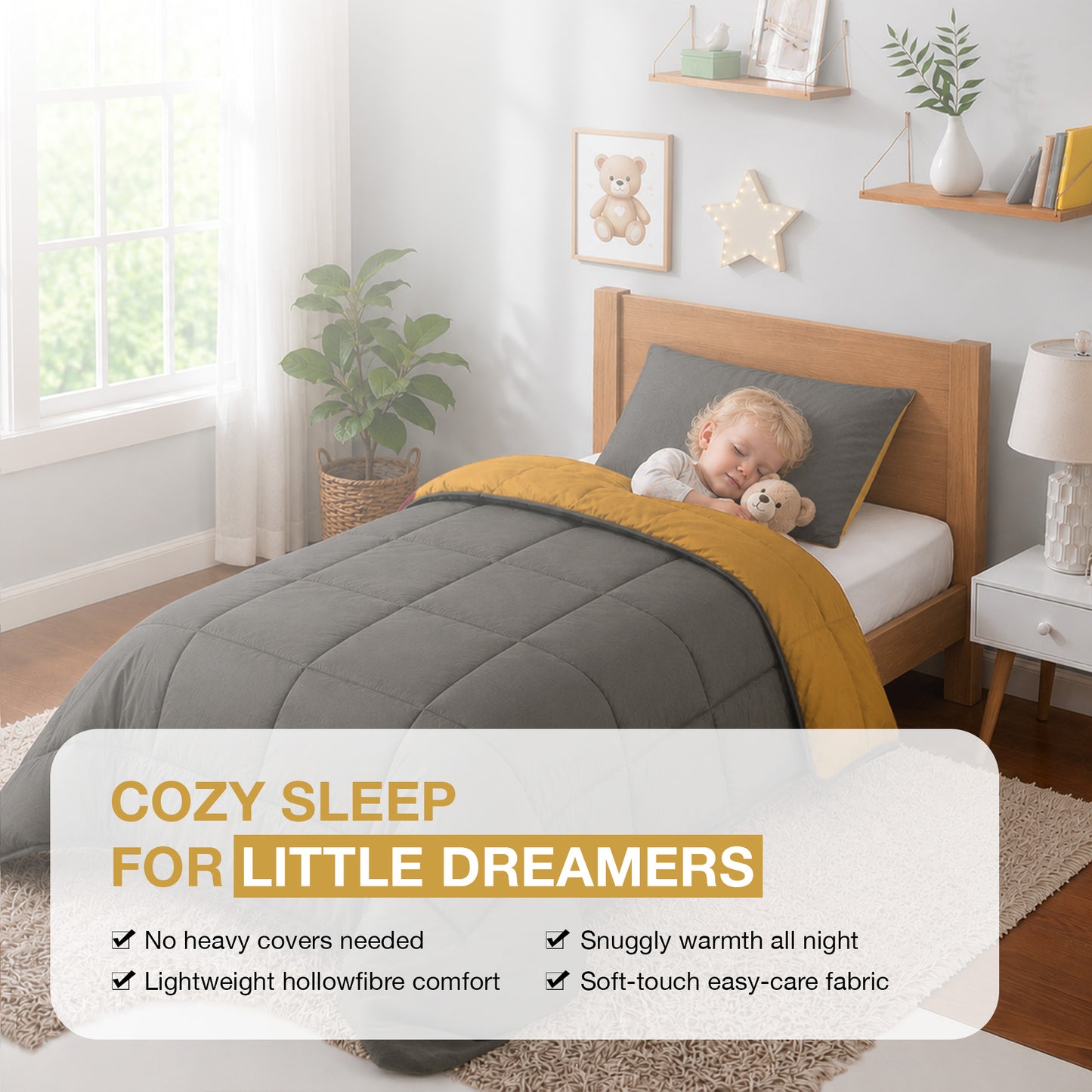 Kids Coverless Printed 7.5 tog Washable Quilt with Pillow Set 120 x 150 cm - Mustard & Grey