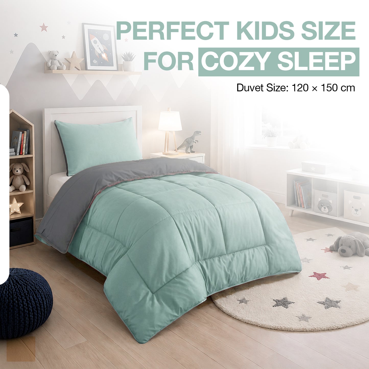 Kids Coverless Printed 7.5 tog Washable Quilt with Pillow Set 120 x 150 cm - Duck Egg & Grey