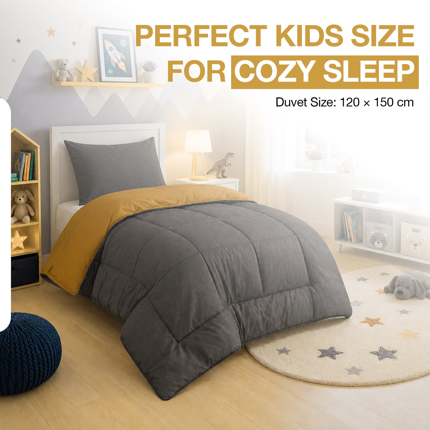 Kids Coverless Printed 7.5 tog Washable Quilt with Pillow Set 120 x 150 cm - Mustard & Grey