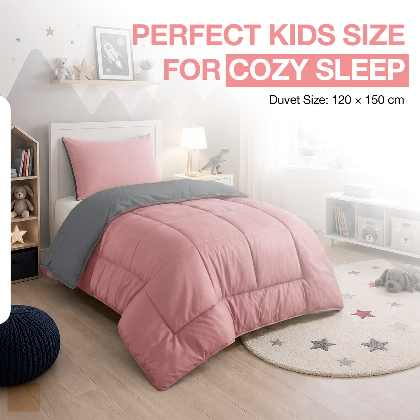 Kids Coverless Printed 7.5 tog Washable Quilt with Pillow Set 120 x 150 cm - Pink & Grey