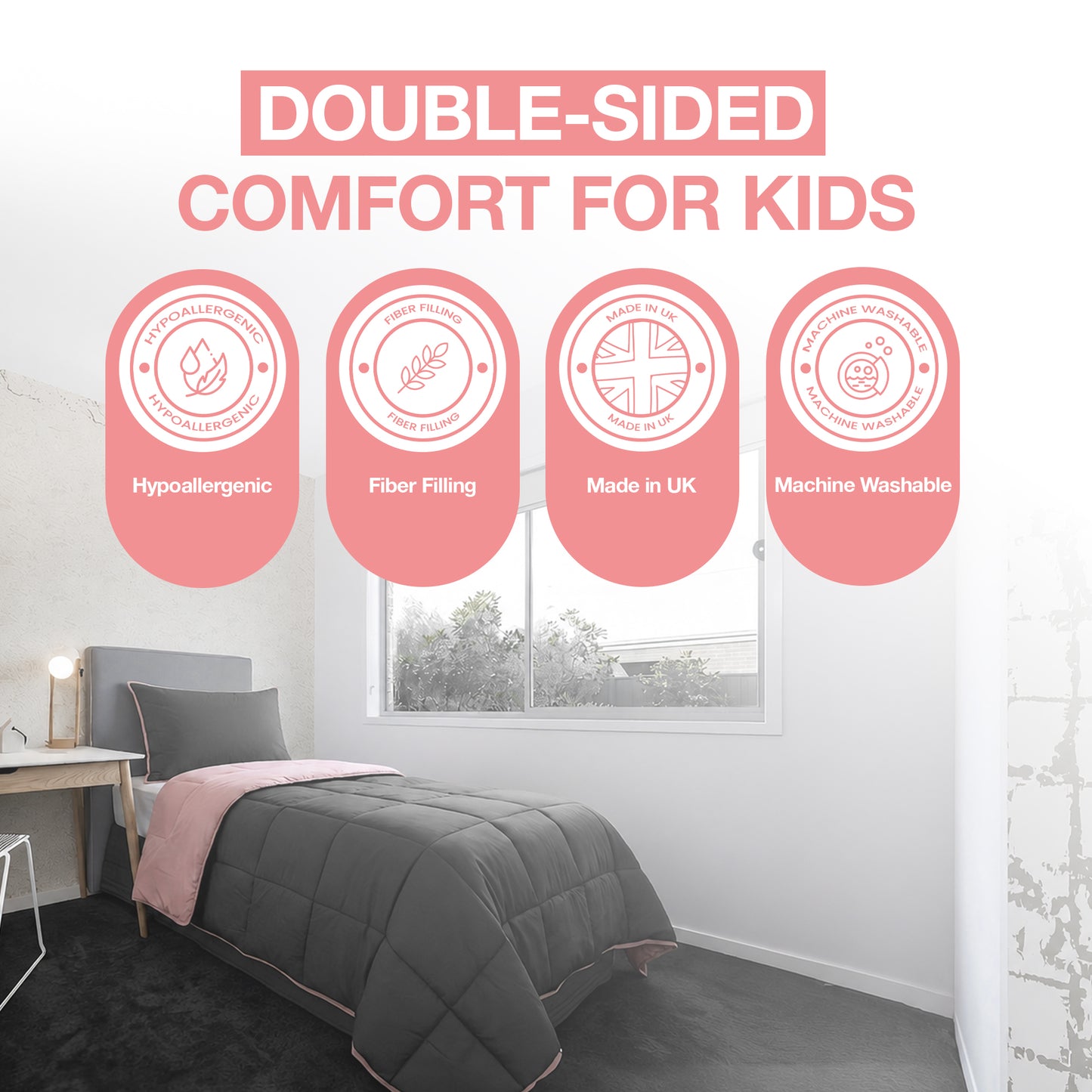 Kids Coverless Printed 7.5 tog Washable Quilt with Pillow Set 120 x 150 cm - Pink & Grey