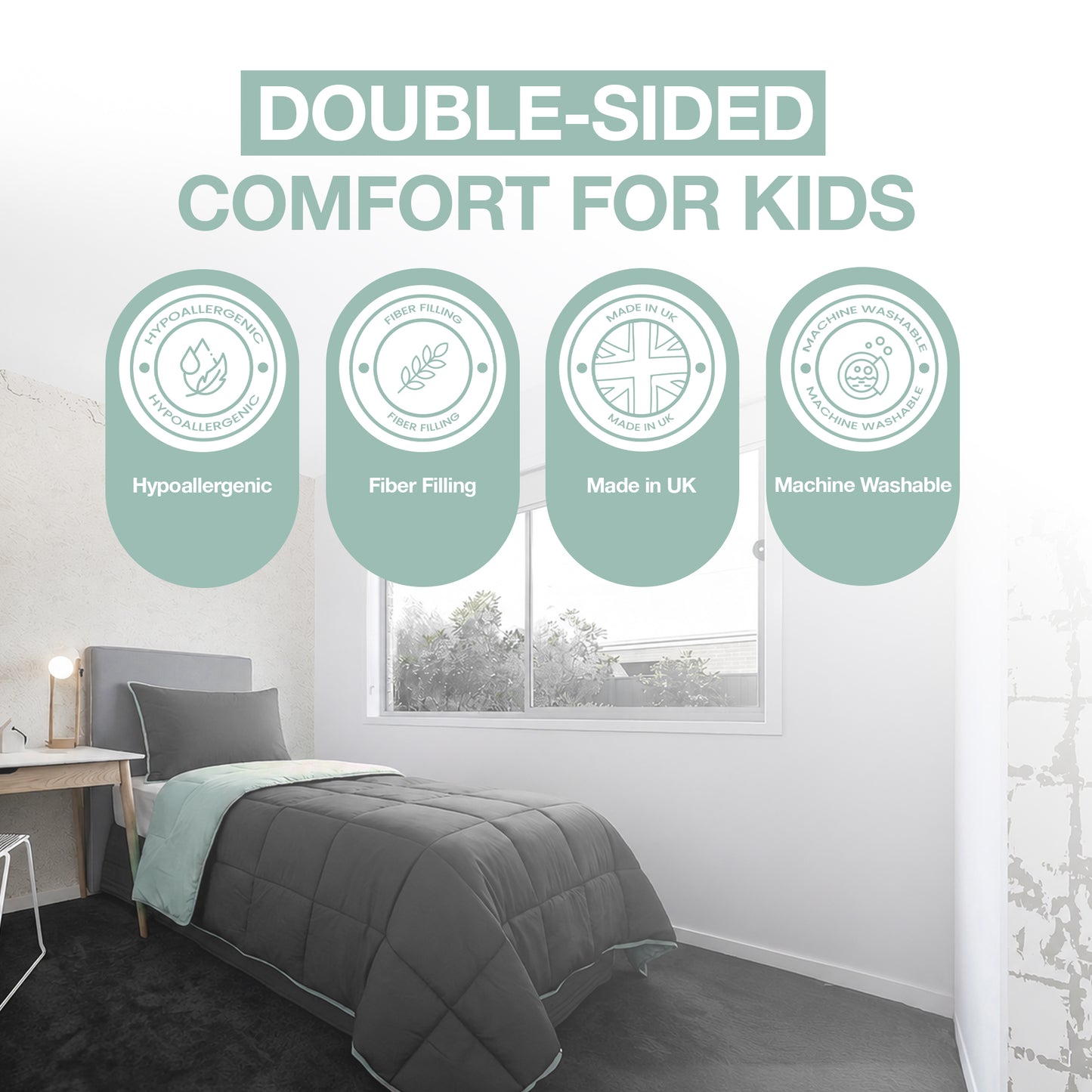 Kids Coverless Printed 7.5 tog Washable Quilt with Pillow Set 120 x 150 cm - Duck Egg & Grey