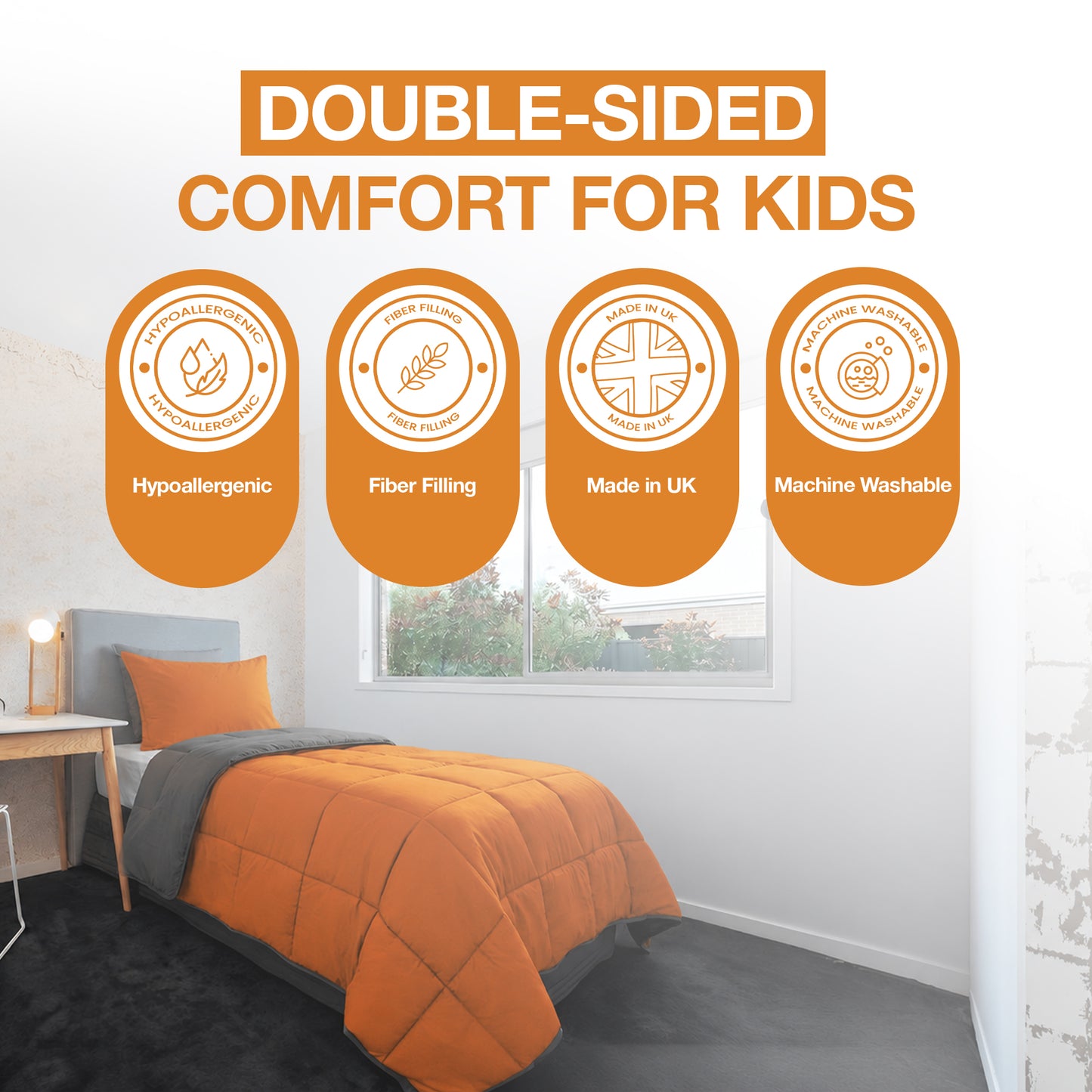 Kids Coverless Printed 7.5 tog Washable Quilt with Pillow Set 120 x 150 cm - Orange & Grey