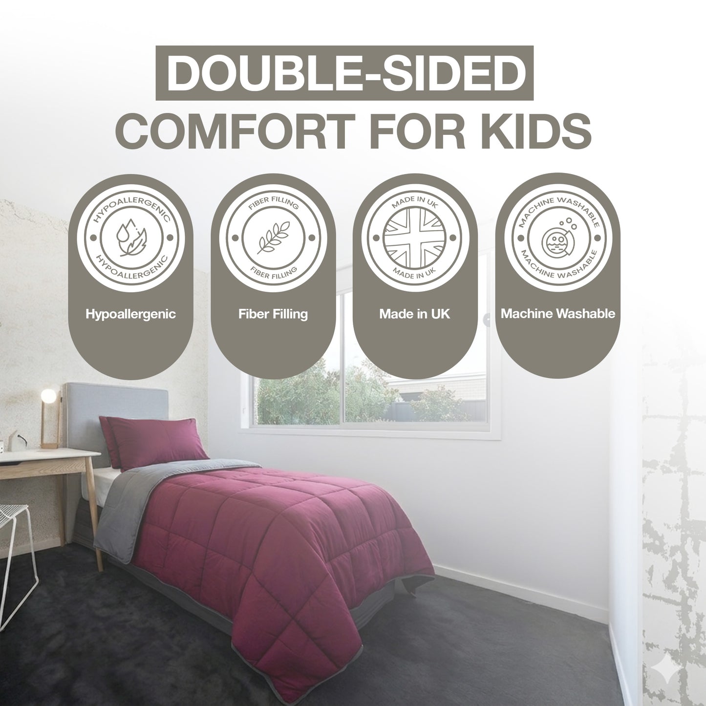 Kids Coverless Printed 7.5 tog Washable Quilt with Pillow Set 120 x 150 cm - Burgundy & Grey