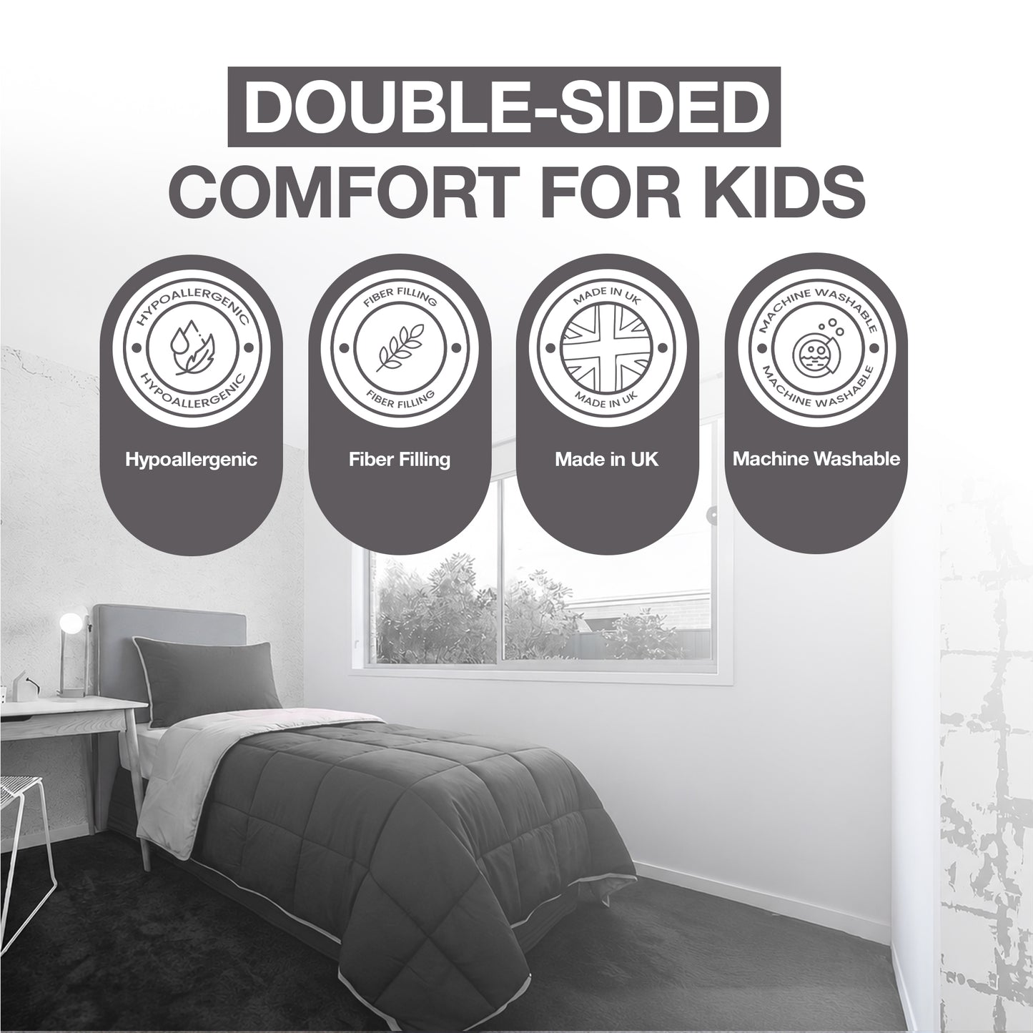 Kids Coverless Printed 7.5 tog Washable Quilt with Pillow Set 120 x 150 cm - Charcoal & Grey